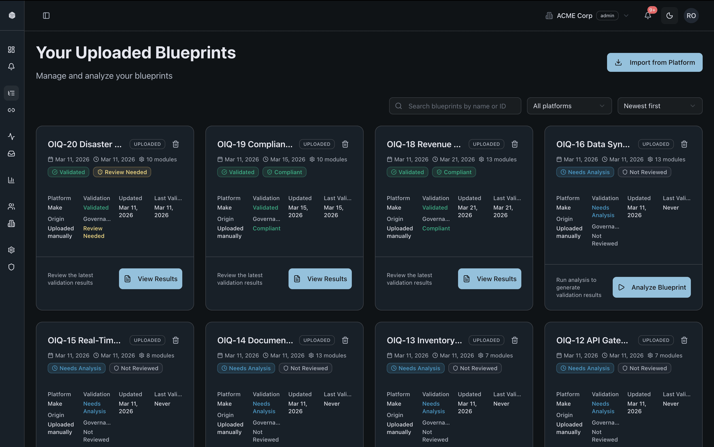 FlowBeacon product screenshot showing uploaded blueprints and validation statuses