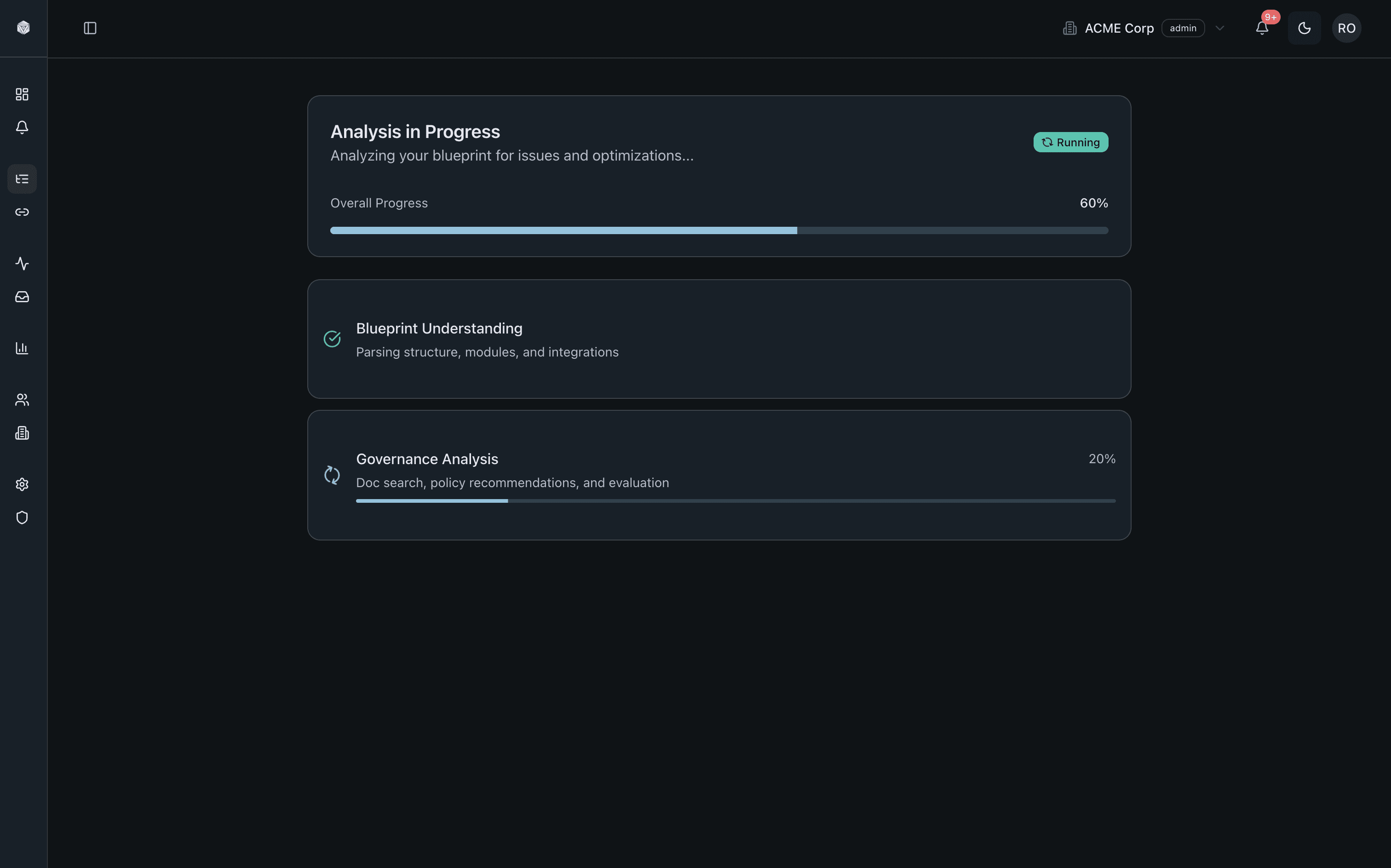 FlowBeacon product screenshot showing analysis progress and governance analysis status