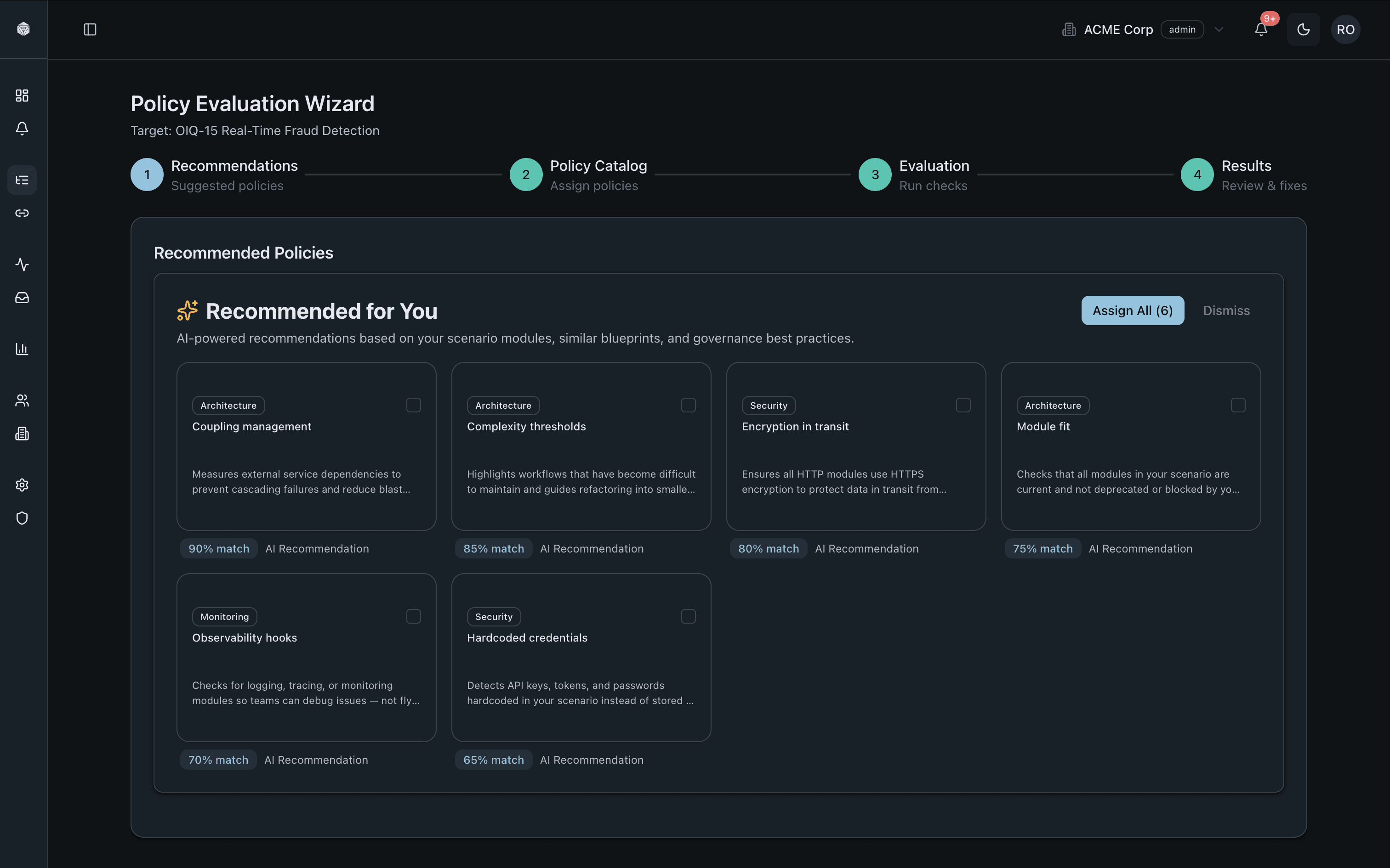 FlowBeacon product screenshot showing the policy evaluation wizard and recommended policies