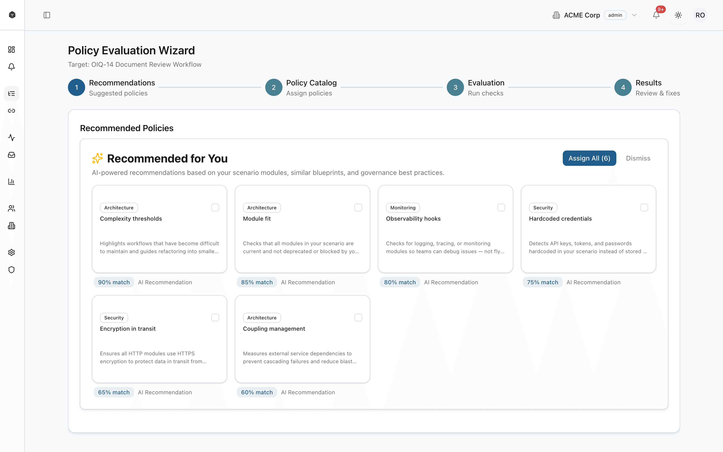 FlowBeacon product screenshot showing the policy evaluation wizard and recommended policies
