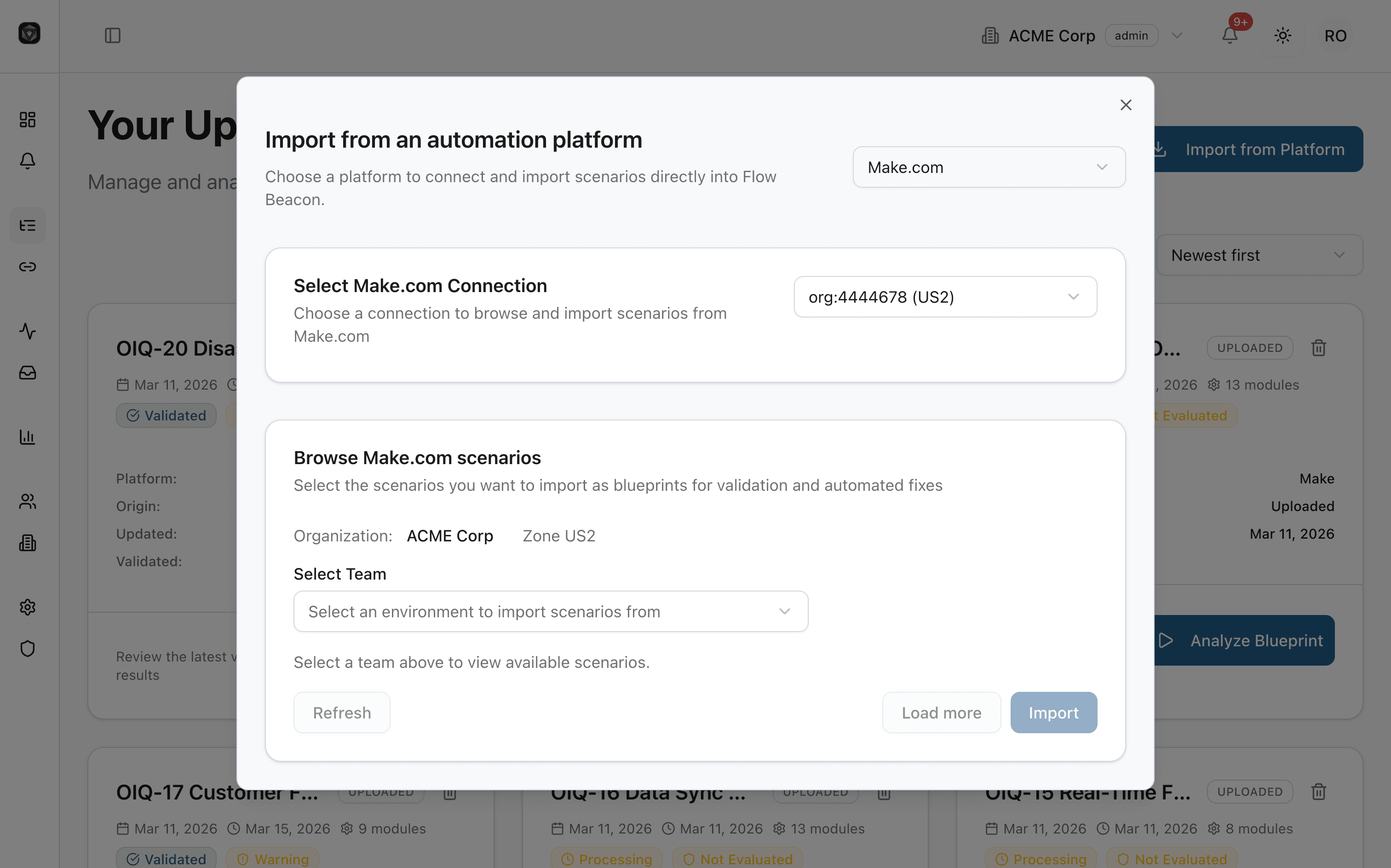 FlowBeacon inventory dashboard showing cross-platform workflow inventory with ownership and dependencies