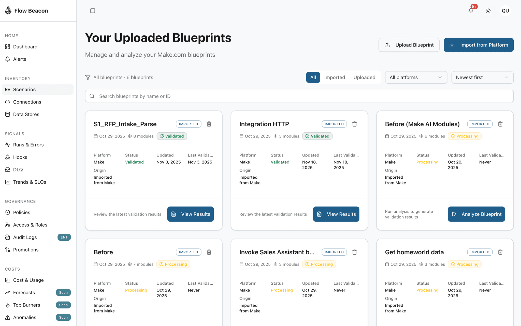 FlowBeacon workflow inventory dashboard displaying 6 imported automation blueprints in a table view with columns for scenario name, validation status badges, module count, and last validated timestamps