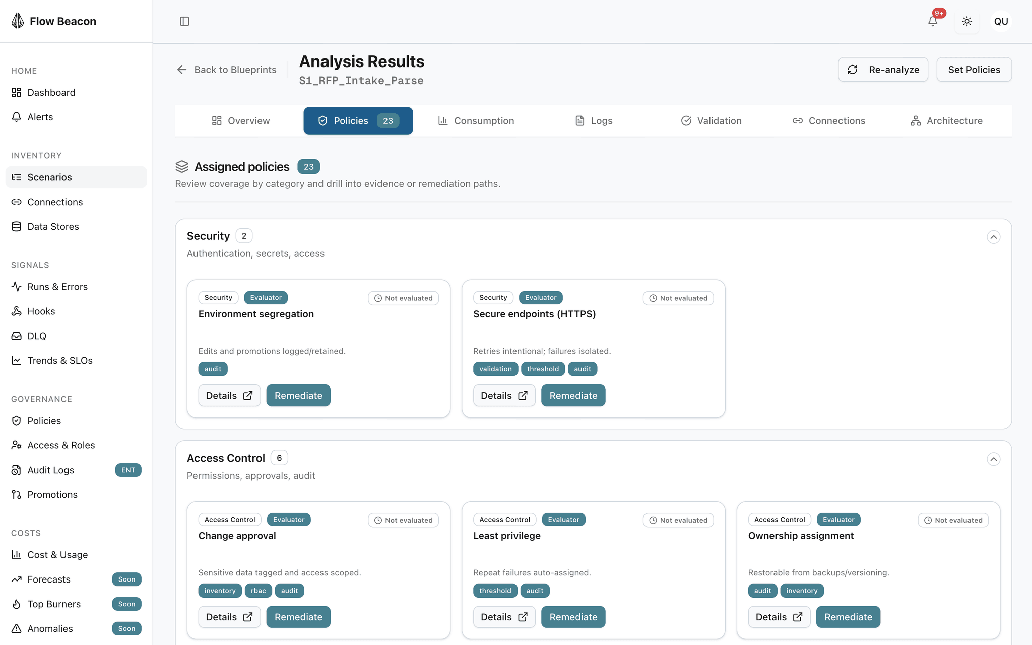 FlowBeacon policy assignment interface showing 23 governance policies organized by category including Security with 6 policies and Access Control with 5 policies, each with compliance status indicators