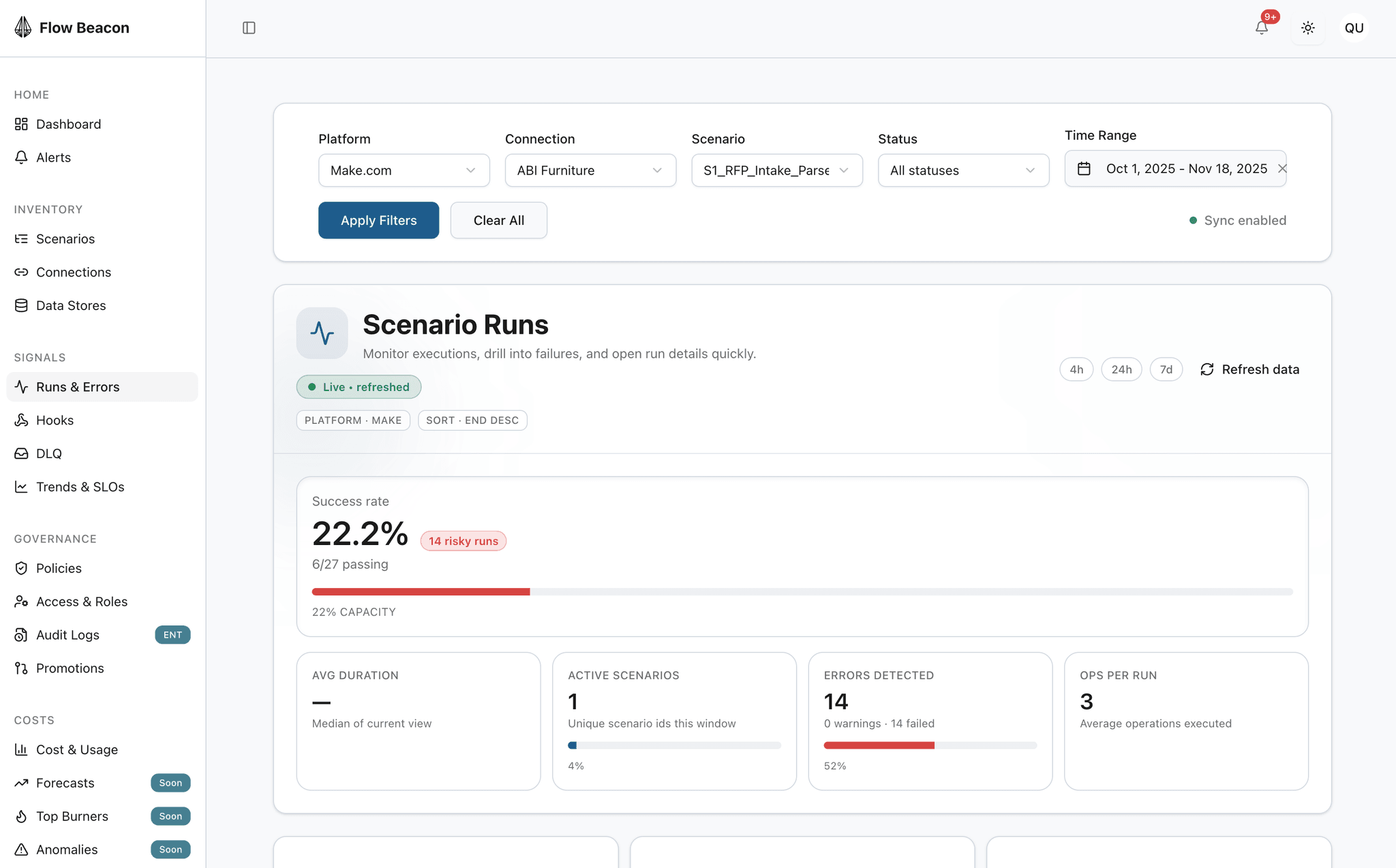 FlowBeacon runtime signals dashboard displaying execution metrics with 22.2% success rate chart, 14 detected errors table with timestamps and error types, and operations per run statistics