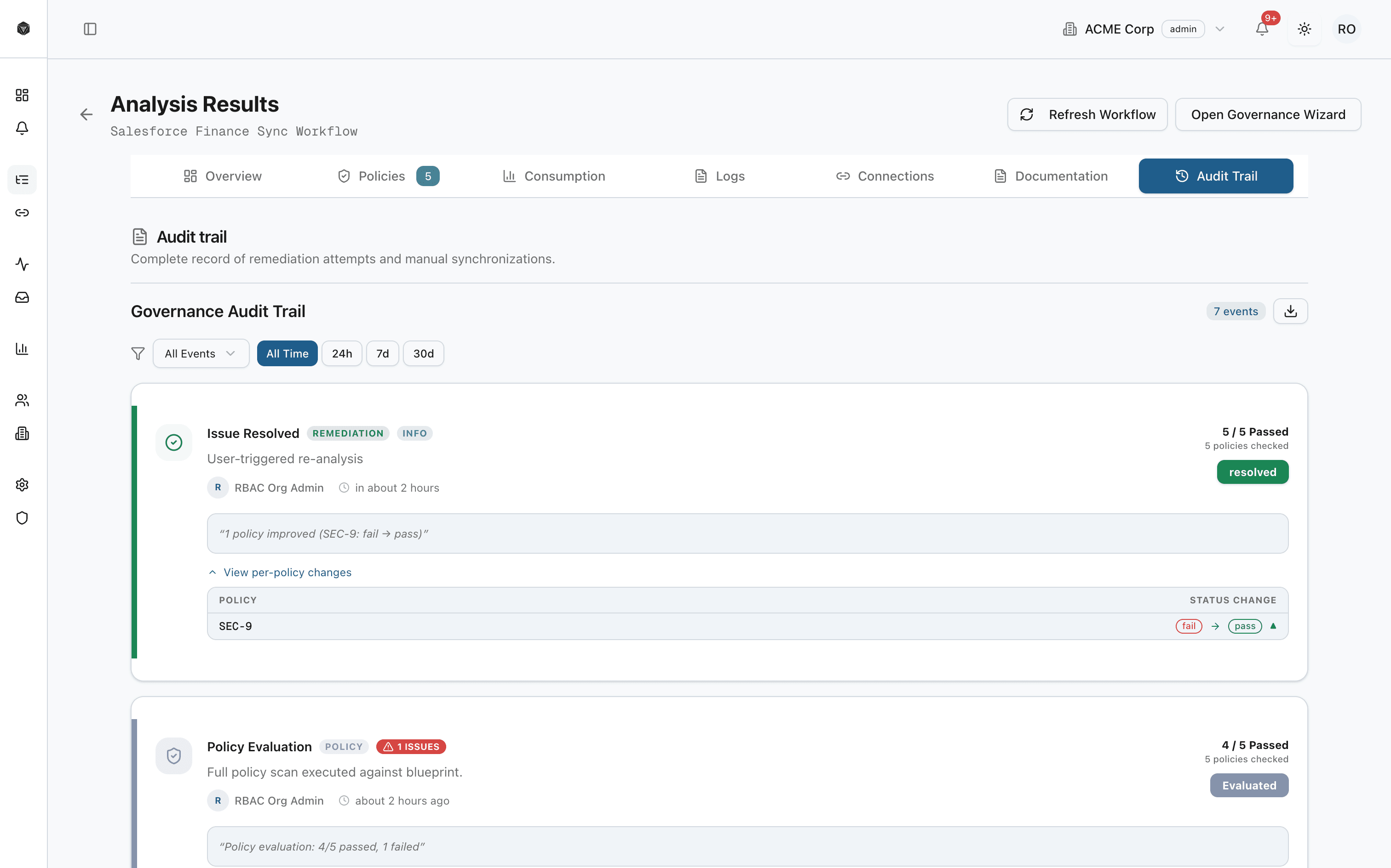 FlowBeacon audit trail screenshot showing logged actions and evidence