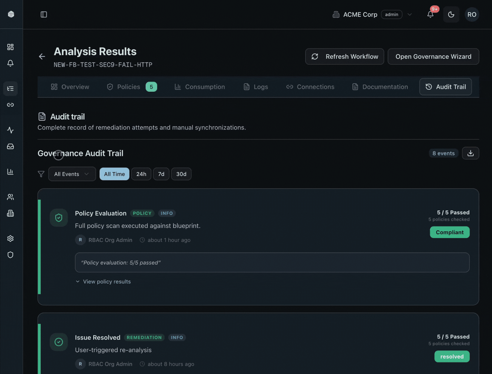 FlowBeacon audit trail interface showing logged evaluations, remediation history, and exportable evidence