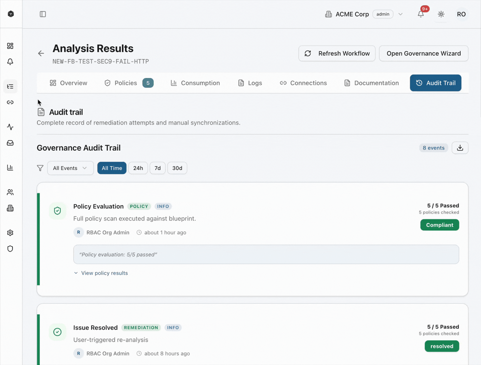 FlowBeacon audit trail interface showing logged evaluations, remediation history, and exportable evidence